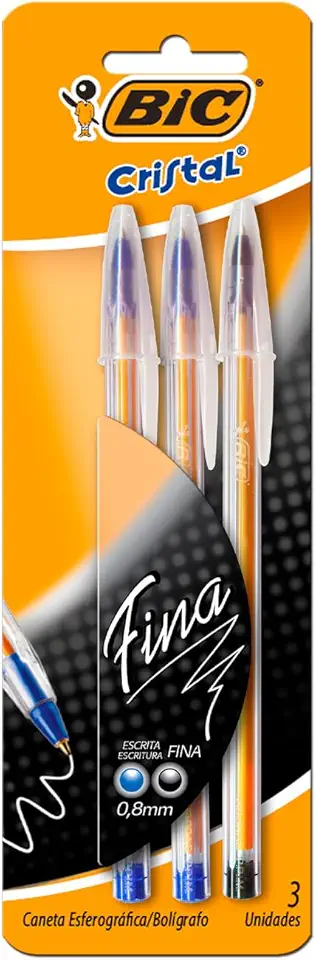 BIC, Caneta Esferográfica Escrita Fina, Cristal Fina, 2 Canetas Azul e 1 Caneta Preta, 3 Unidades