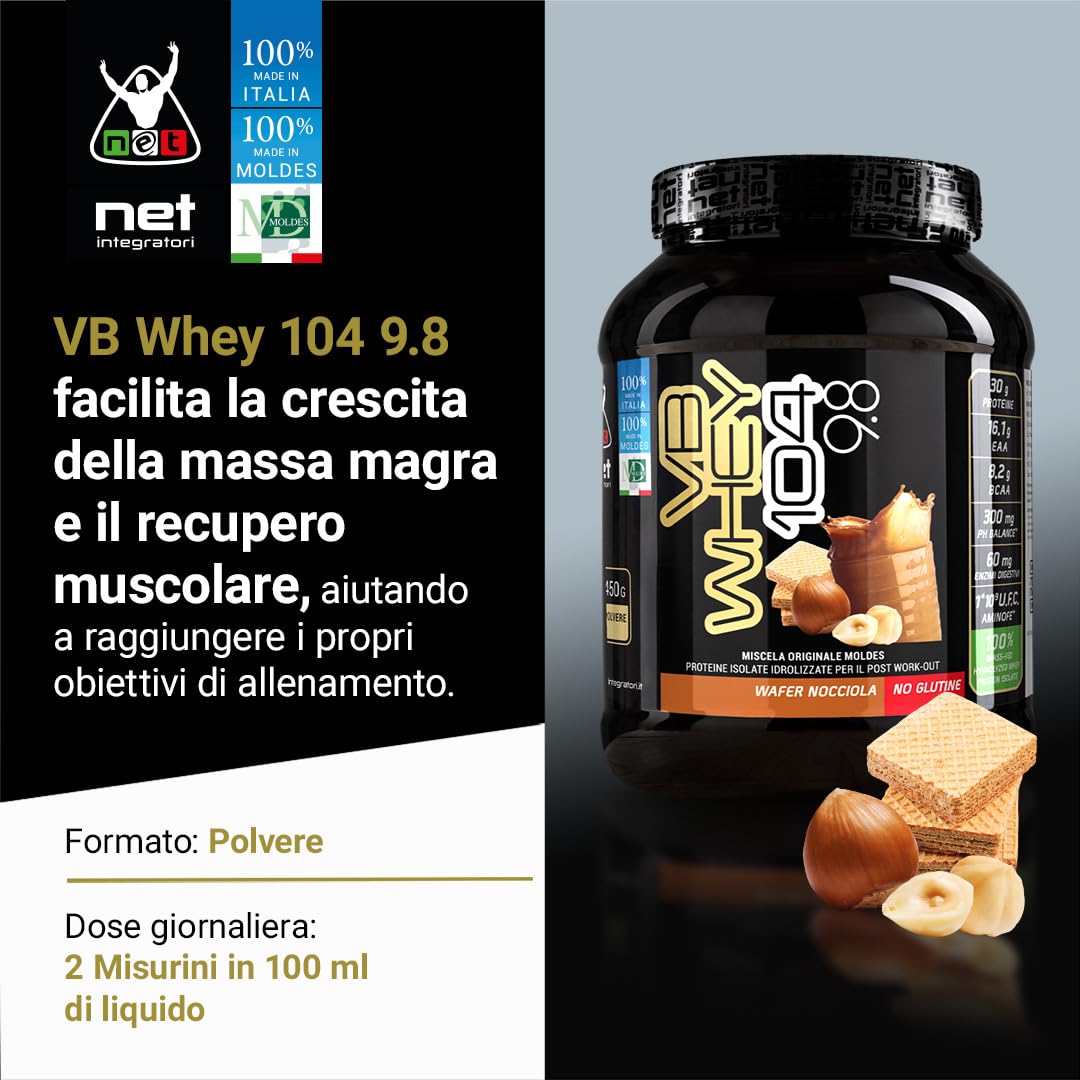 NET Integratori VB WHEY 104 9.8 Optipep - 450g Wafer Nocciola - Proteine Isolate Idrolizzate per via Enzimatica Con EAA e BCAA - Massimizza Sintesi Proteica, Crescita e Mantenimento Muscolare