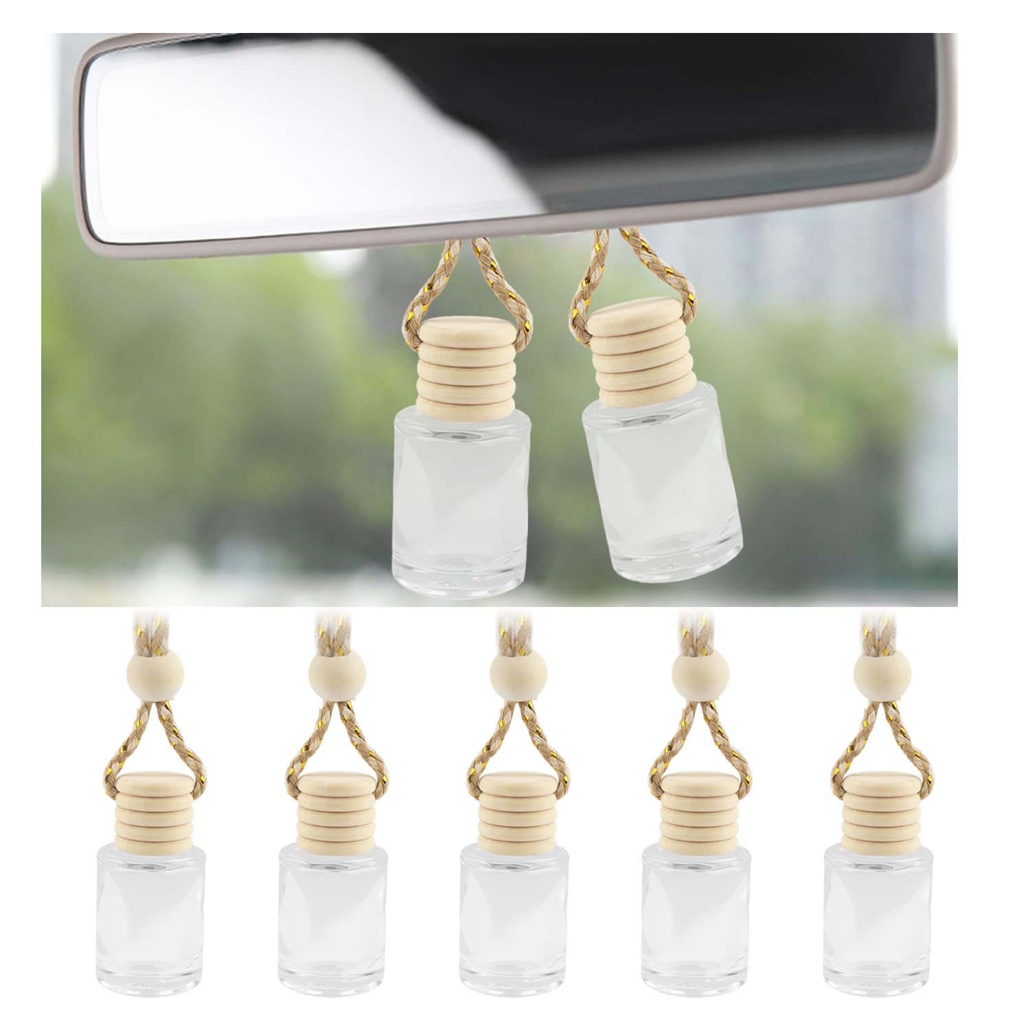 5PCS Car Air Fresheners Hanging Bottle with Wooden Cap and Rope,Empty Glass of Car Diffusers for Essential Oils Replacement,Car Accessories Car Perfume Air Freshener Bottle