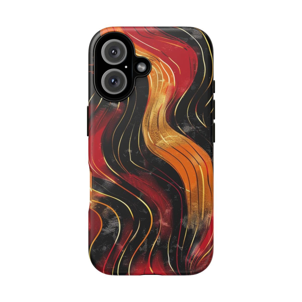 Coque iPhone 16 motif abstrait ondulé rouge et orange en finition mate rigide