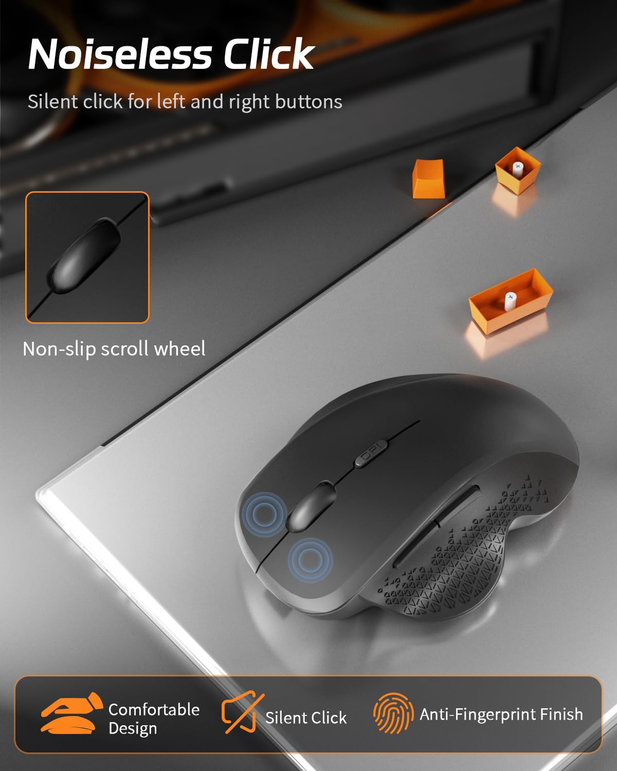 Uiosmuph G09 Ratón Inalámbrico Bluetooth, Bluetooth 5.1+2.4G Recargable Wireless Mouse, Silencioso Ergonómico Ratón con 3 Niveles de Adjustables 1600 dpi para Portátil, MacBook, PC, Windows (Negro) — view 5