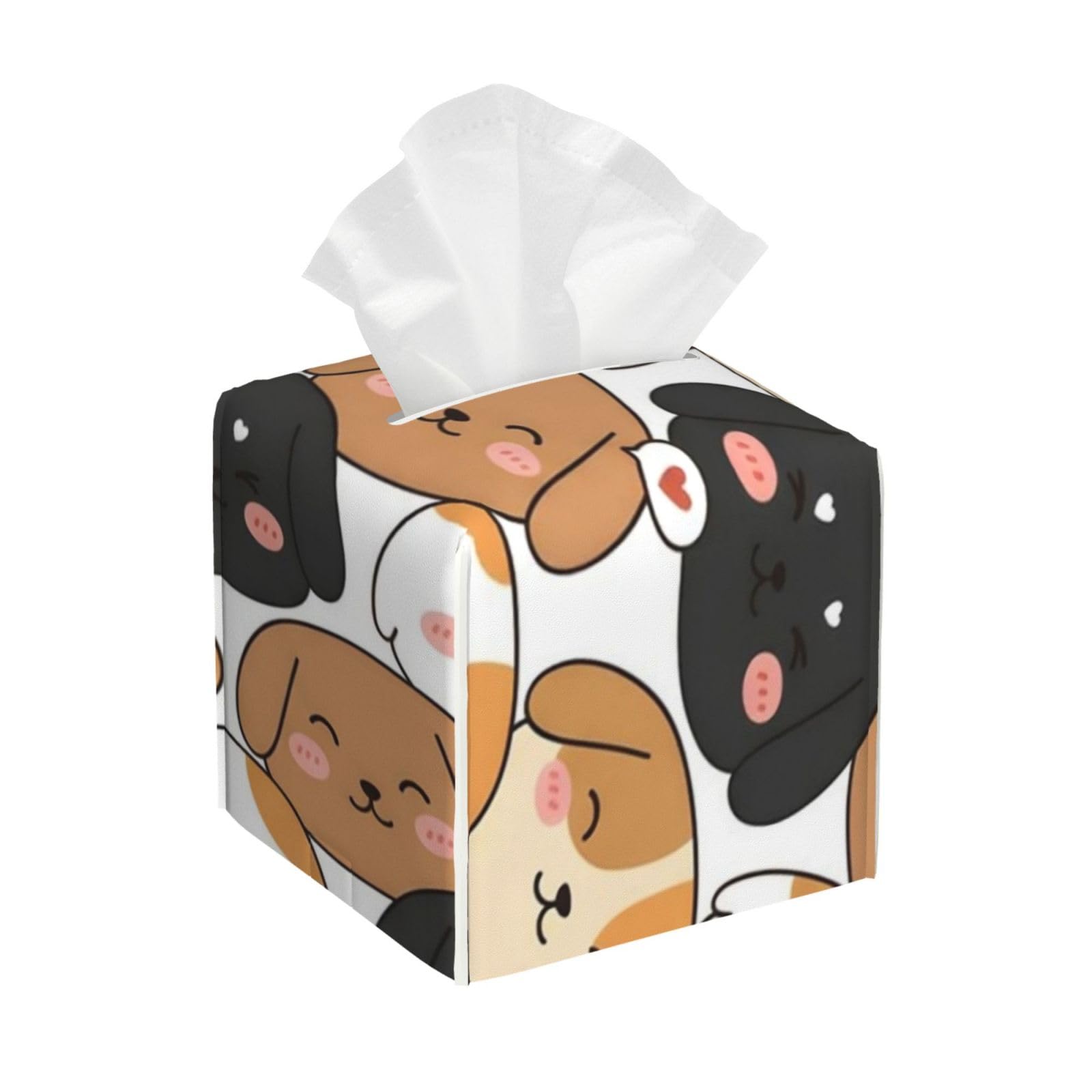 Dog Faces Seamless Pattern Tissue Box Cover 5" Square Leather Tissue Holder Facial Tissue Case for Tabletop Bedroom Bathroom Desk Decor