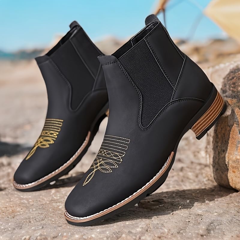 Large-sized men's embroidered ankle boots - Retro style with elastic sides and rubber soles, suitable for casual wear, parties, and autumn/winter seasons.3