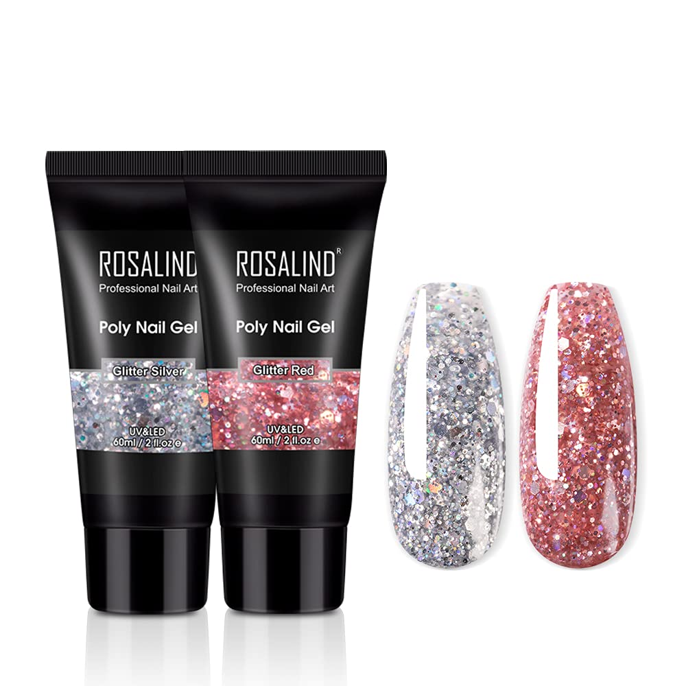 ROSALIND Poly Nail Gel 2 Farben Farbiger Blitz Silberfarben Pink Gel mit 60 ml Soak off UV LED Poly Nail Kit Gel Polish Starter Set (SET 5)
