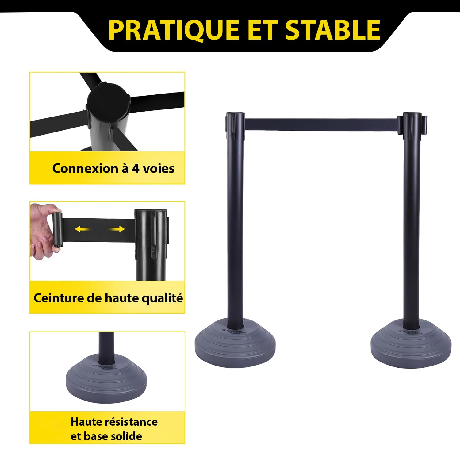Lot de 6 poteaux de délimitation, en acier inoxydable, avec sangles rétractables de 200 cm, socle à remplir, gestion des files d'attente, utilisés dans les hôtels et les salles d'exposition (noir/noir