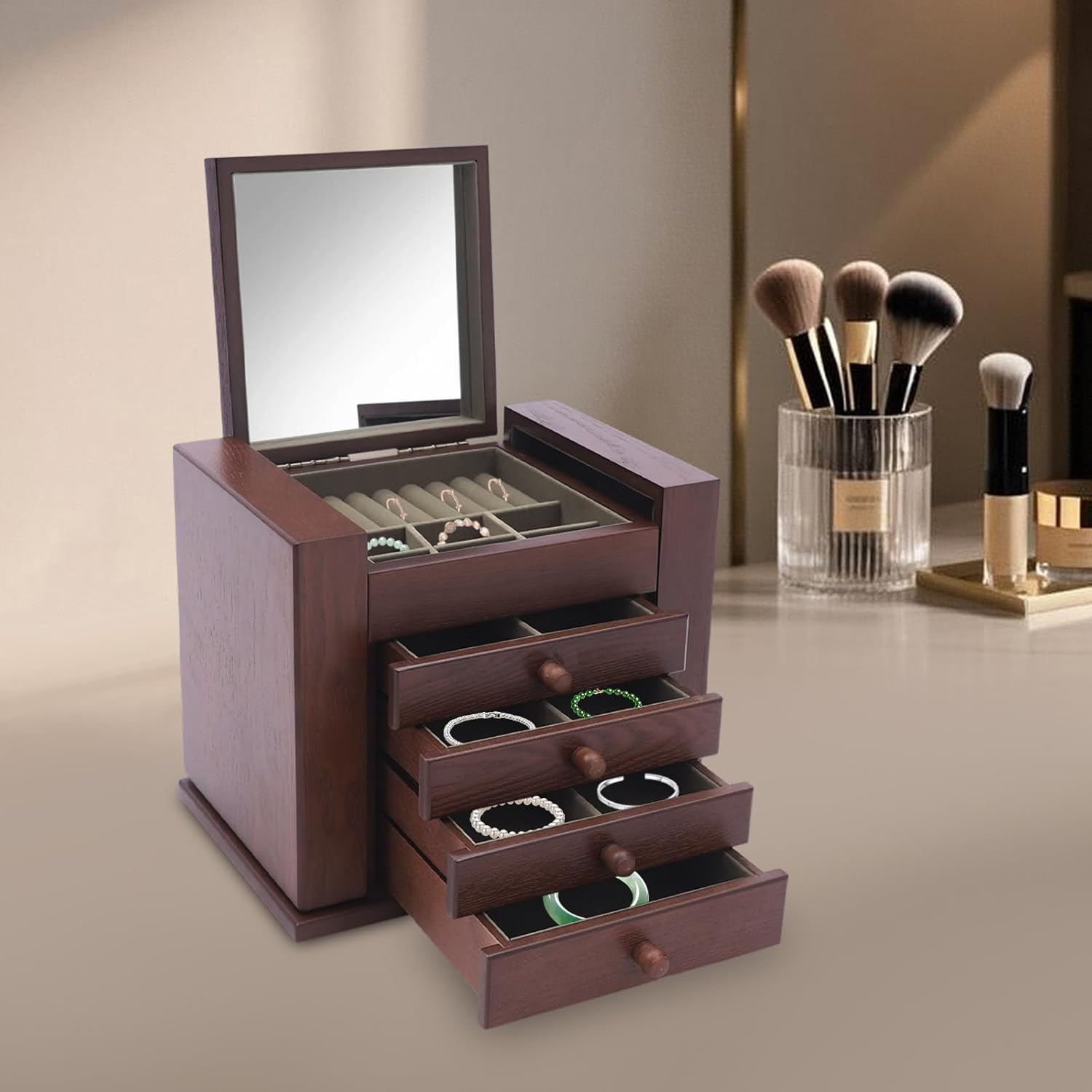 Dark Brown MDF Wooden Jewelry Box, 5-Layer 4 Drawers Organizer Large Jewelry Box with Lock & Mirror - Vintage Style for Rings/Necklaces/Earrings, 11.81in Compact Size (6 Hooks, 27 Pin Slots, 7.05lbs)