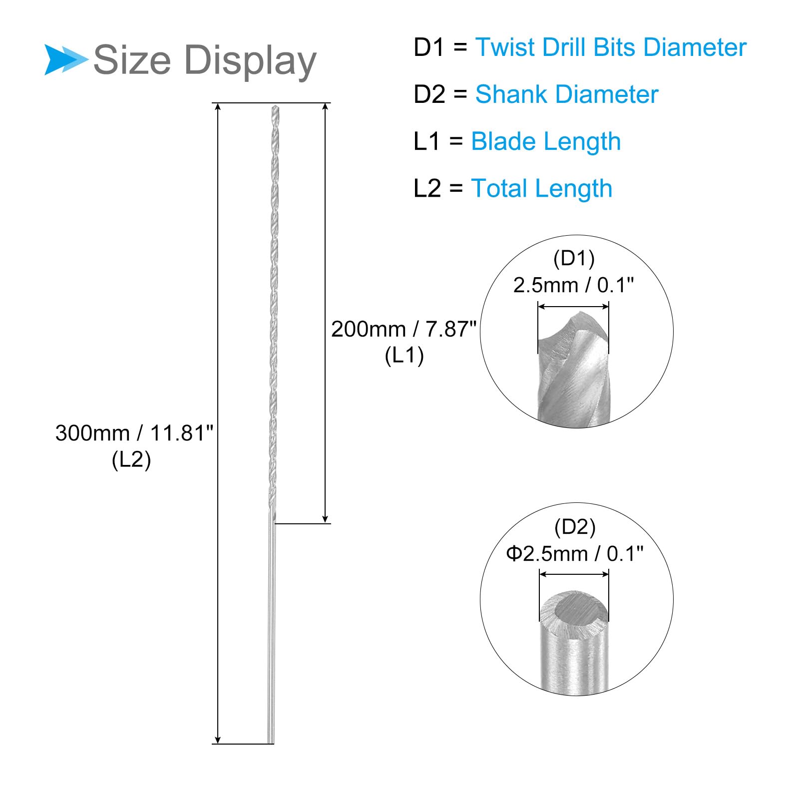 CoCud Long Twist Drill Bits, 2.5mm Cutting Diameter 0.1" Shank 7.68" Blade Length - Image 2