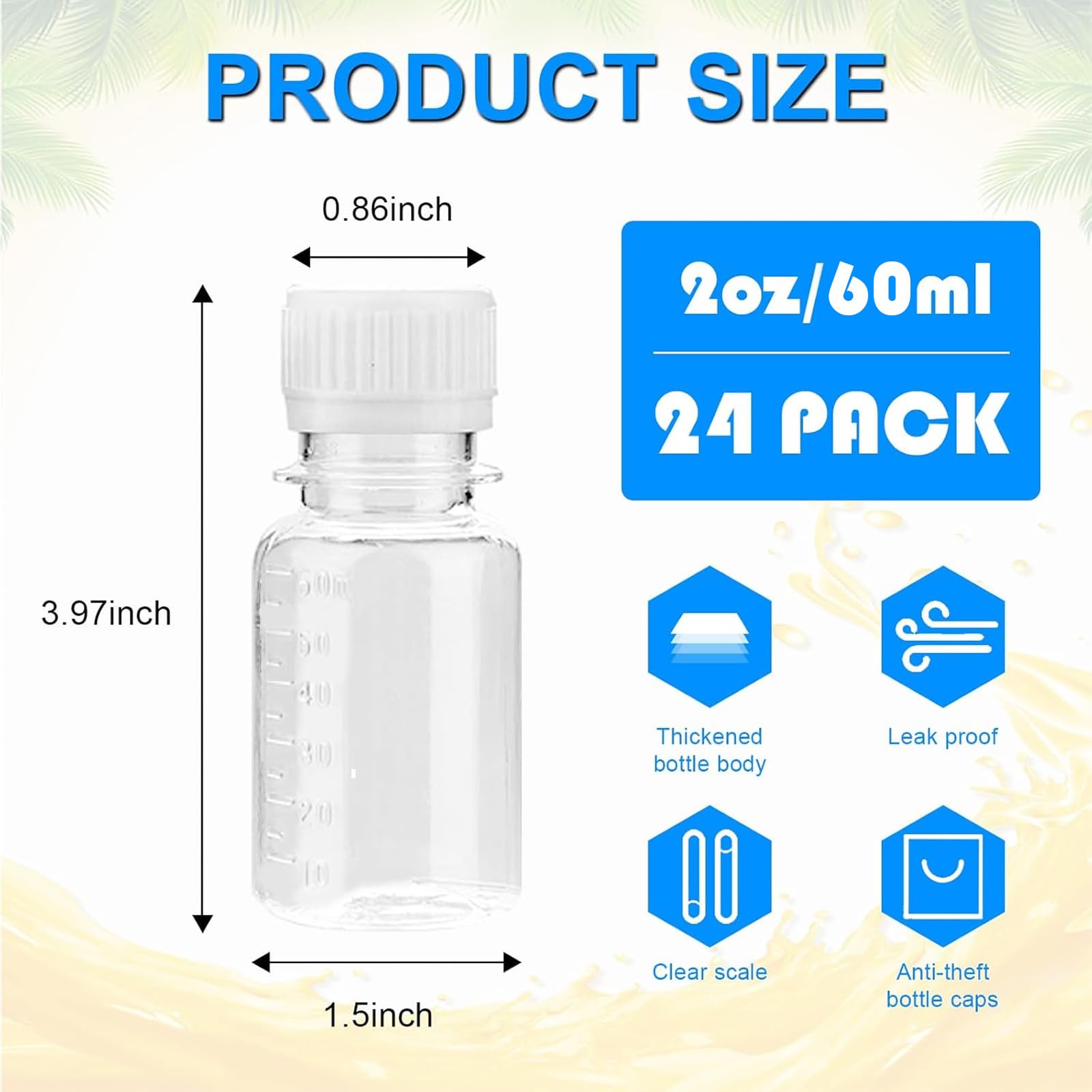 Paquete de 24 botellas de jugo de plástico de 2 onzas con tapas negras, recipientes vacíos a granel, mini recipientes para botellas de agua, botellas de chupitos de jengibre para jugos,
