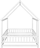 Vista 10 de Bellemave Cama de Tamaño Matrimonial de Piso Tipo Casa, Cama Montessori de Madera con Valla y Techo para Niños, Base de Cama Completa Tipo Casa