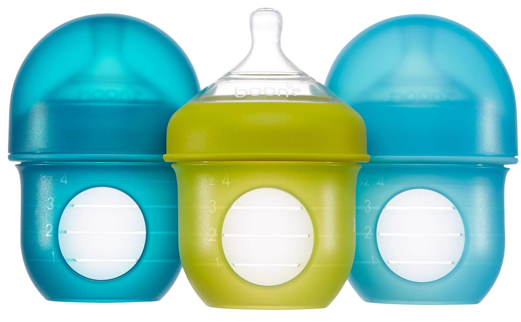 BoonB11228 Reusable Silicone Pouch Air-Free Feeding with Stage 1 Nursh Baby Bottles, 3 Count (Pack of 1), Blue