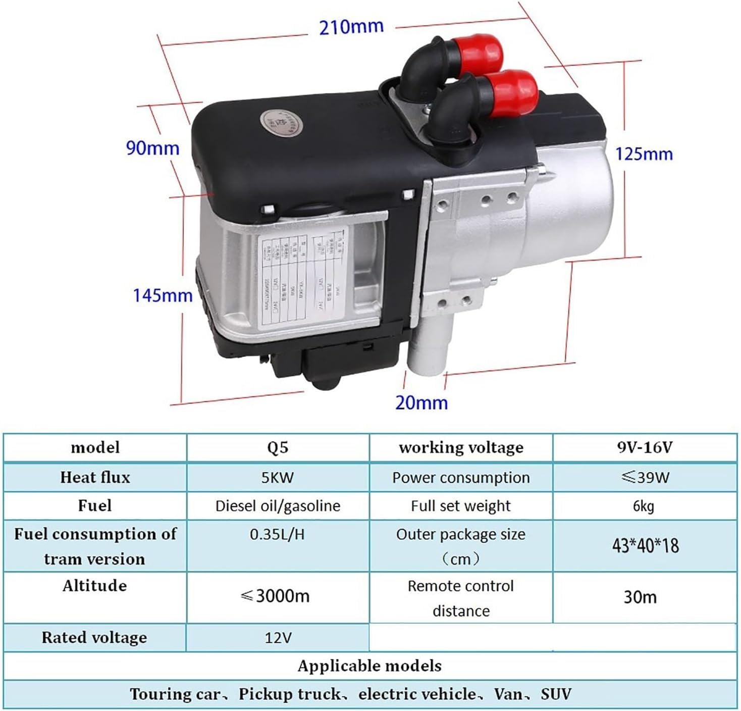 Hydroniczny podgrzewacz płynu chłodzącego 5 kW 12 V, zestaw podgrzewaczy wody na olej napędowy, zdalnie sterowane ogrzewanie postojowe do kamperów, łodzi, przyczep kempingowych, autobusów