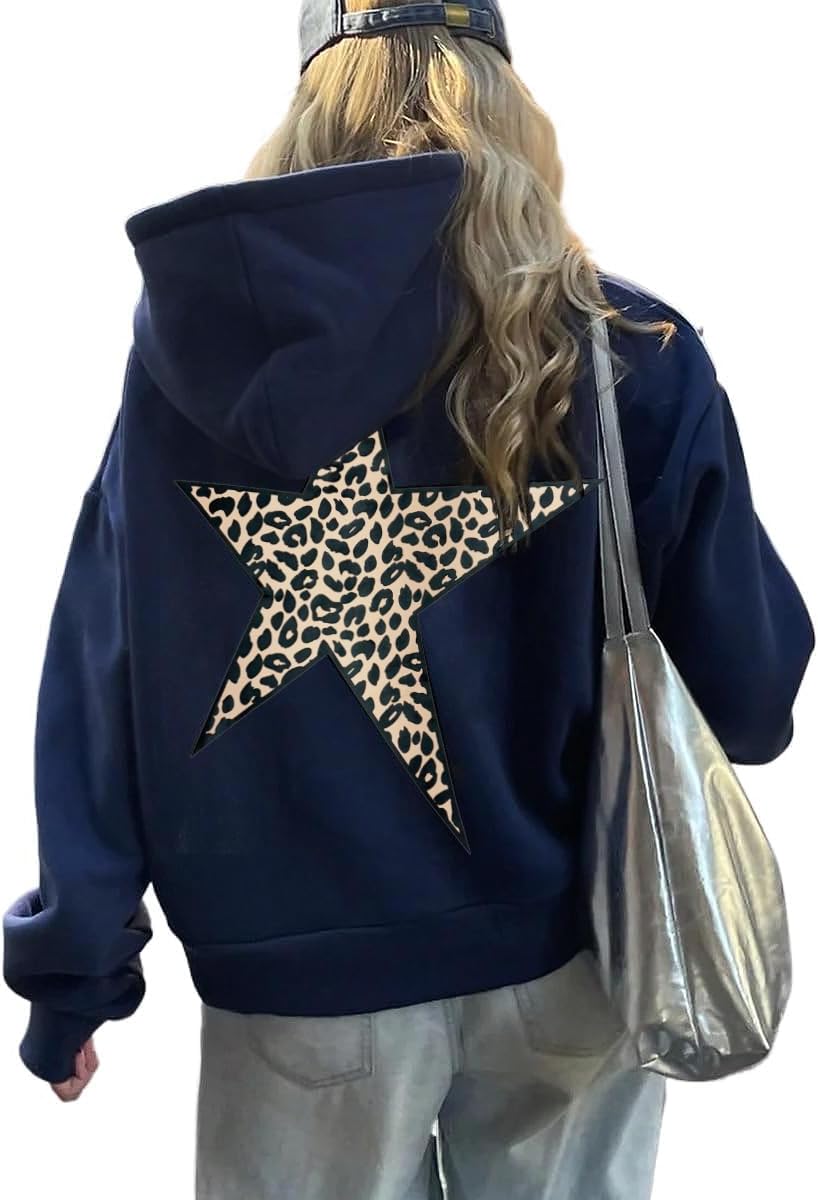 Hoodies for Womens Y2k Oversized Star Print Sweatshirts Aesthetic Cheetah Graphic Hooded Hoodie