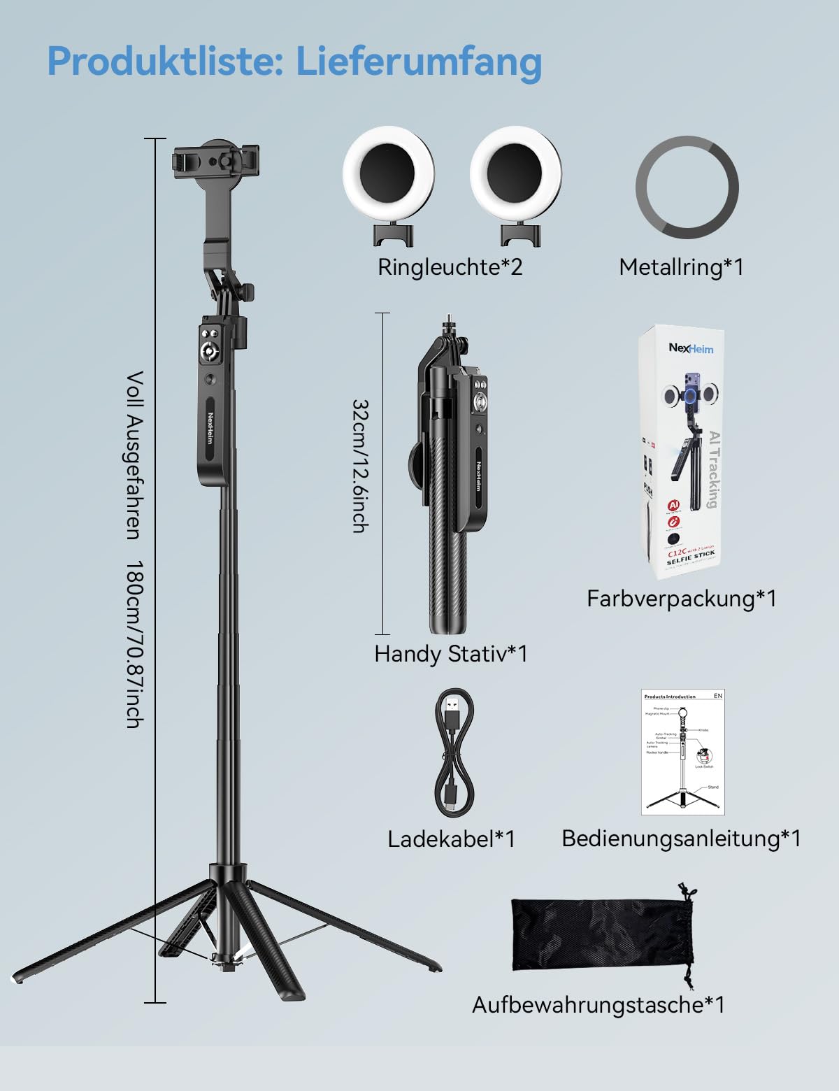 KI - Trípode para teléfono móvil con rastreo, palo selfie de 180 cm y trípode para smartphone, soporte magnético y de sujeción para teléfono móvil, seguimiento automático, seguimiento facial