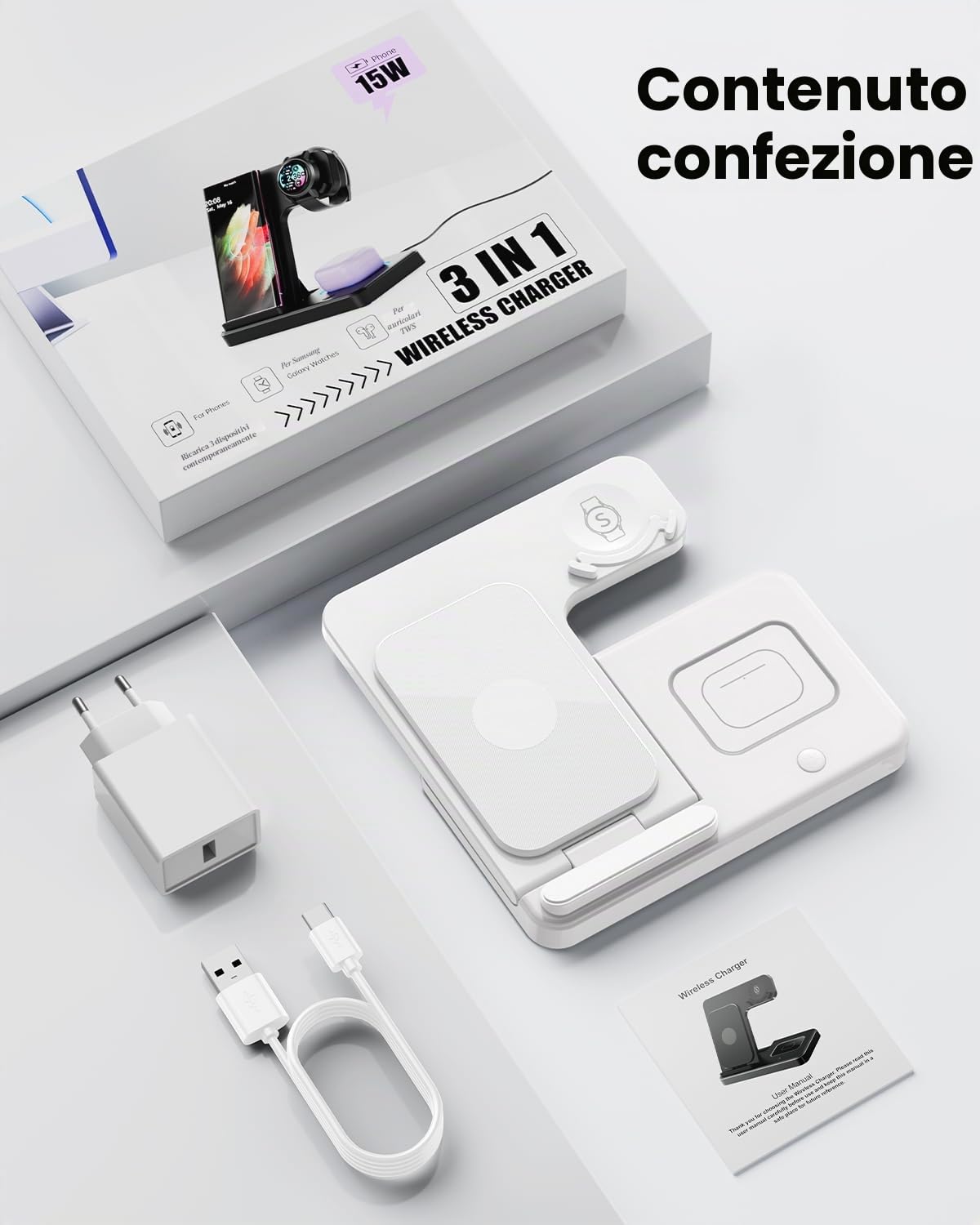 GEEKERA 3 in 1 Caricatore Wireless Pieghevole per Samsung S25/S24/S23/ZFold/Flip, Galaxy Watch e Buds - Stazione di Ricarica Wireless - Bianco