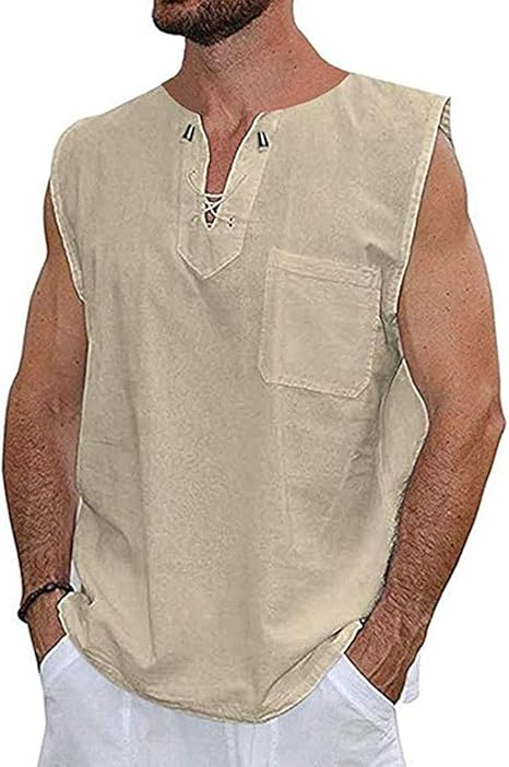 Amazon メンズ コットンリネン タンクトップ 無地 シンプル カジュアル レースアップ Vネック ノースリーブ シャツ 夏 ビーチ ベスト タンクトップ 通販