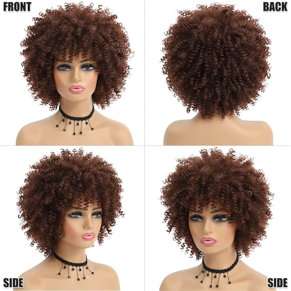 Hair Toppers für Frauen Kurze Haare Afro verworrene lockige Perücke mit Pony afrikanische synthetische Perücken for Frauen(Dark Brown)