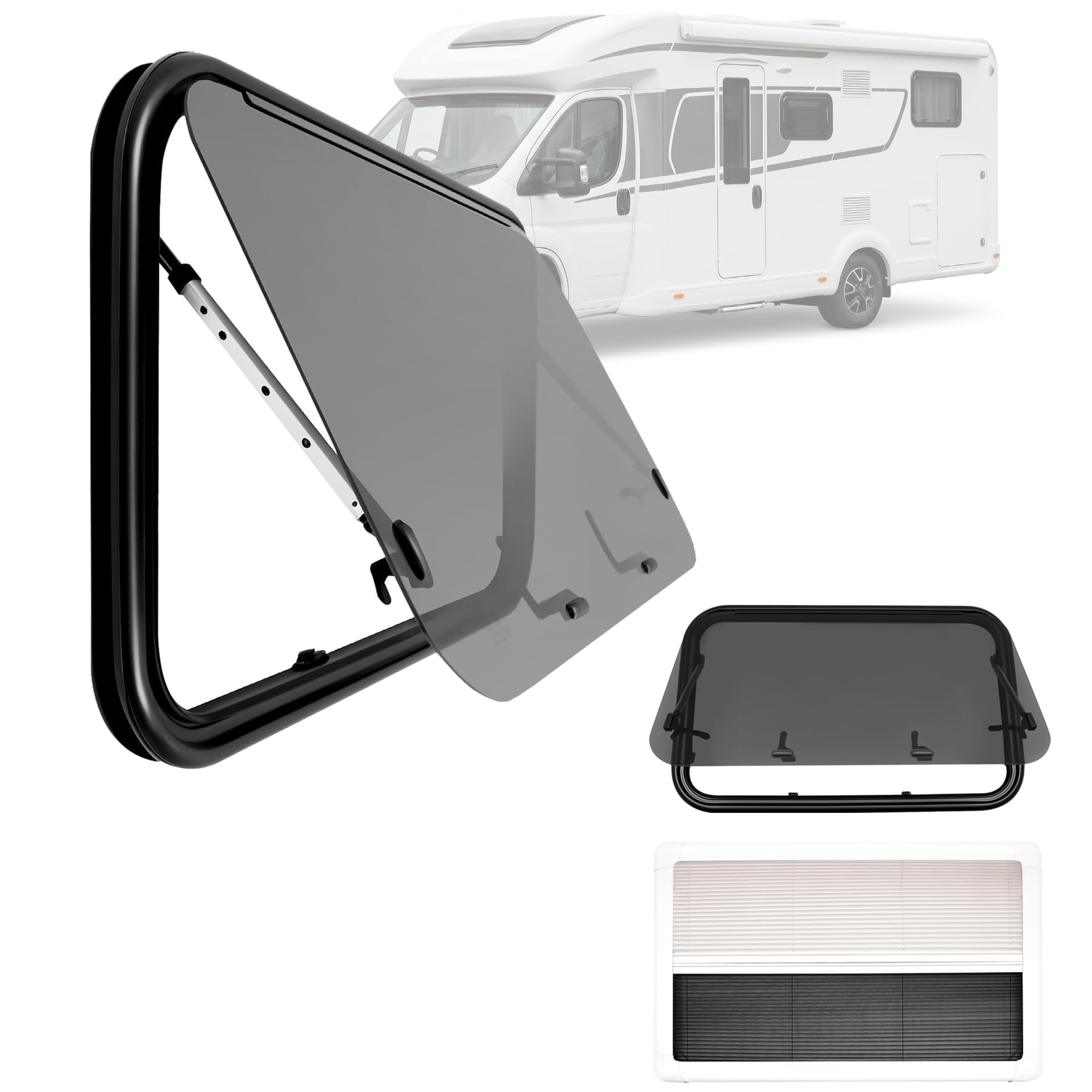 Ausstellfenster 600x500mm, Wohnwagenfenster Öffnungswinkel 65° mit Fliegengitter, 4mm Gehärtetes Glas, Wohnmobil Fenster mit R43 Geprüft, für alle Arten von RVs, Camper, Wohnwagen