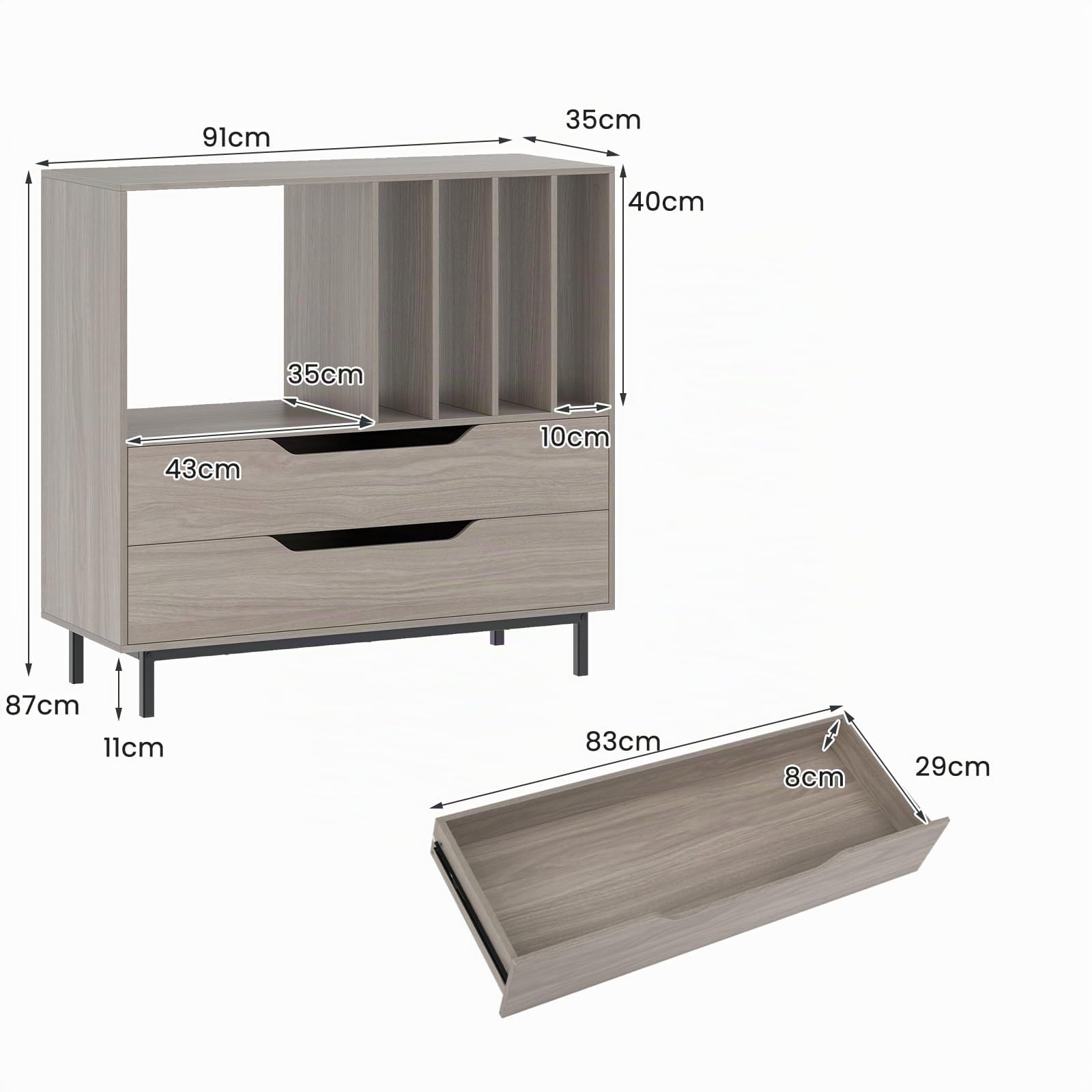 GIANTEX Mobile Porta Dischi in Vinile con Scomparti Aperti e 4 Separatori, Gambe Metalliche e Cassetti, Mensola in Legno per Sala Musica e Soggiorno