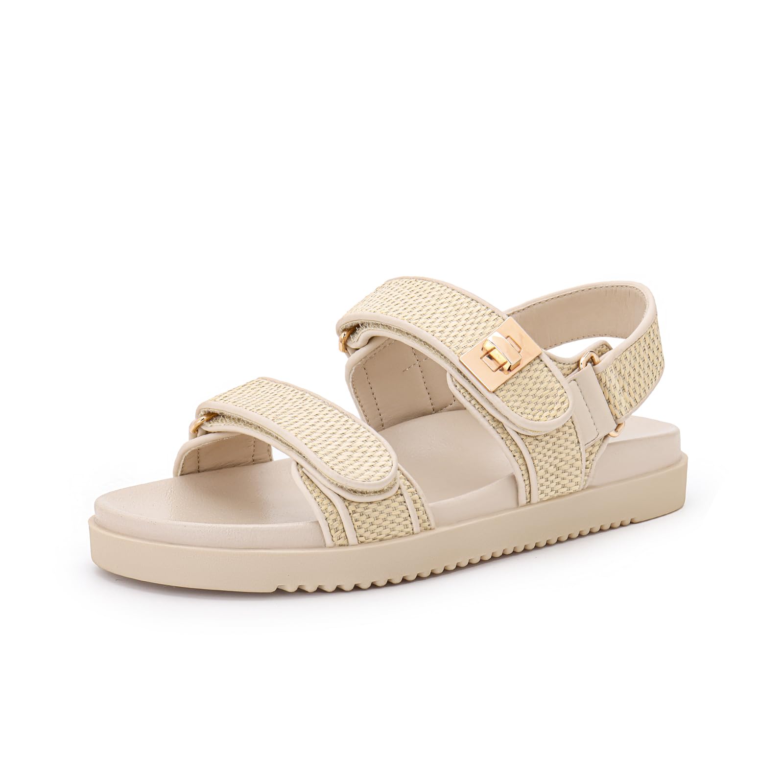Rihero Women's Flat Sandals Comfort Adjustable Velcro Double Strap Slip on Leather Footbed Raffia Sandals with Back Strap Size 10