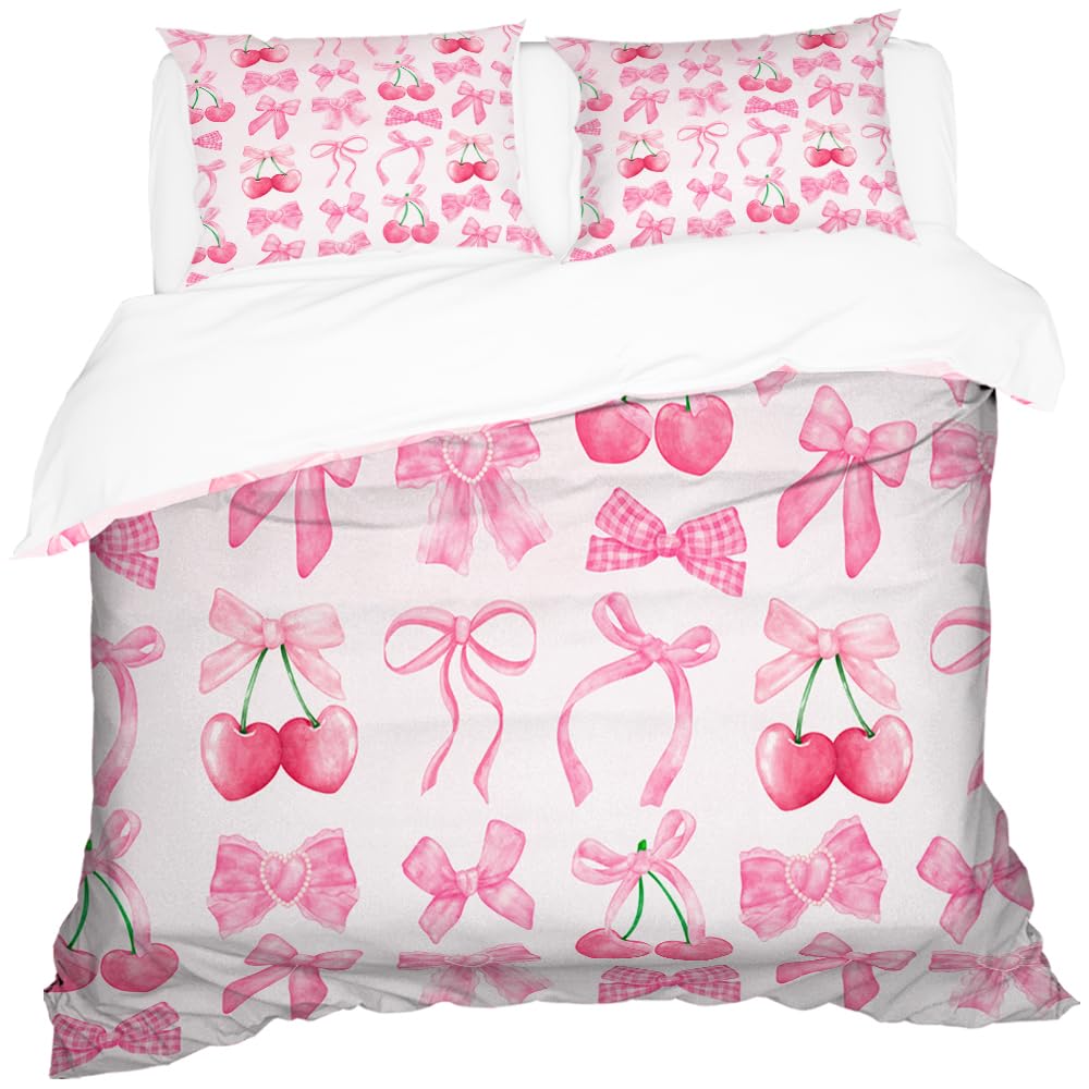 Reateforin Pink Bowknot Bows Duvet Cover Bed Covers Set Twin Size,Dreamy Princess Style Kids Girls Super Soft Microfiber Bedding Set for Adults Teens Pink Cherry Bow Bedding Set Coquette Decor 68