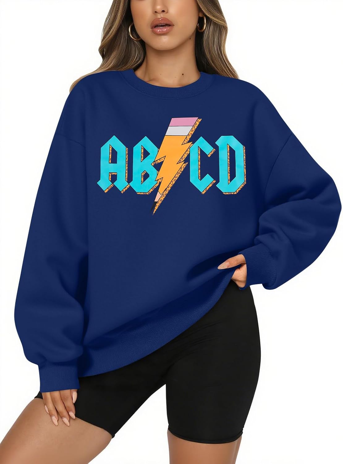 MAXIMGR Teacher Sweatshirt Women Oversized Rock'n Roll Sweatshirt ABCD Alphabet Graphic Back to School Pullover Top