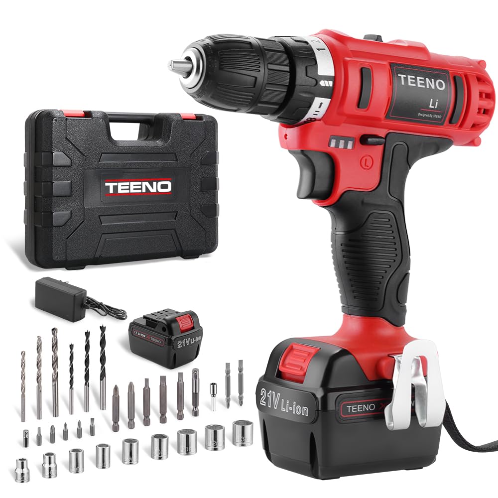 Taladro atornillador inalámbrico TEENO 21V, equipado con 2 baterías de 1,5Ah, par de 35Nm, ajuste de 18+1 niveles, 2 velocidades y luz LED, ideal para proyectos de bricolaje.