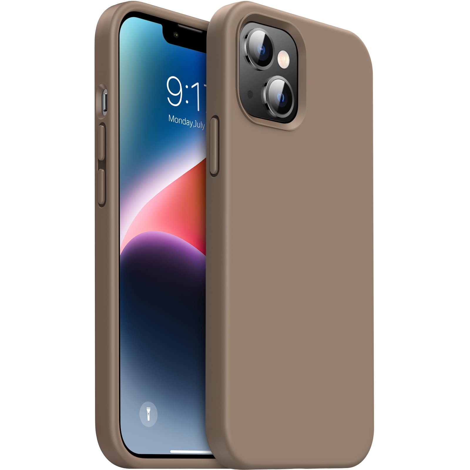 OuXulDesigned for iPhone 14 Silicone Case, for iPhone 13 Case [Military Grade Drop Protection] [Anti-Scratch Microfiber Lining] Silicone Ultra Slim Cover Shockproof Phone Case, Light Brown