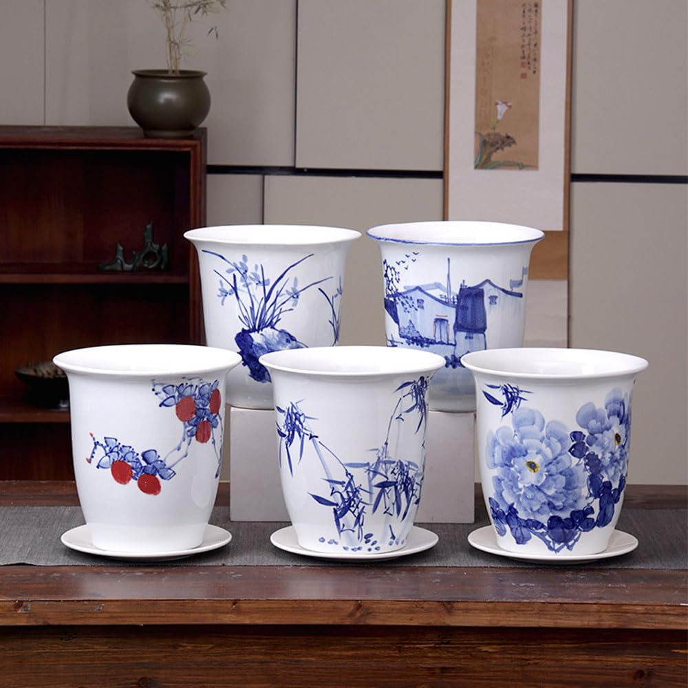 Keramik-Pflanzgefäß, Blaue und weiße Porzellan-Blumentöpfe mit Drainage, chinesischer Bonsai-Topf, Chinoiserie, dekorativer Blumentopf, Tischaufsatz für den Tisch zu Haus(5-blau&weiß