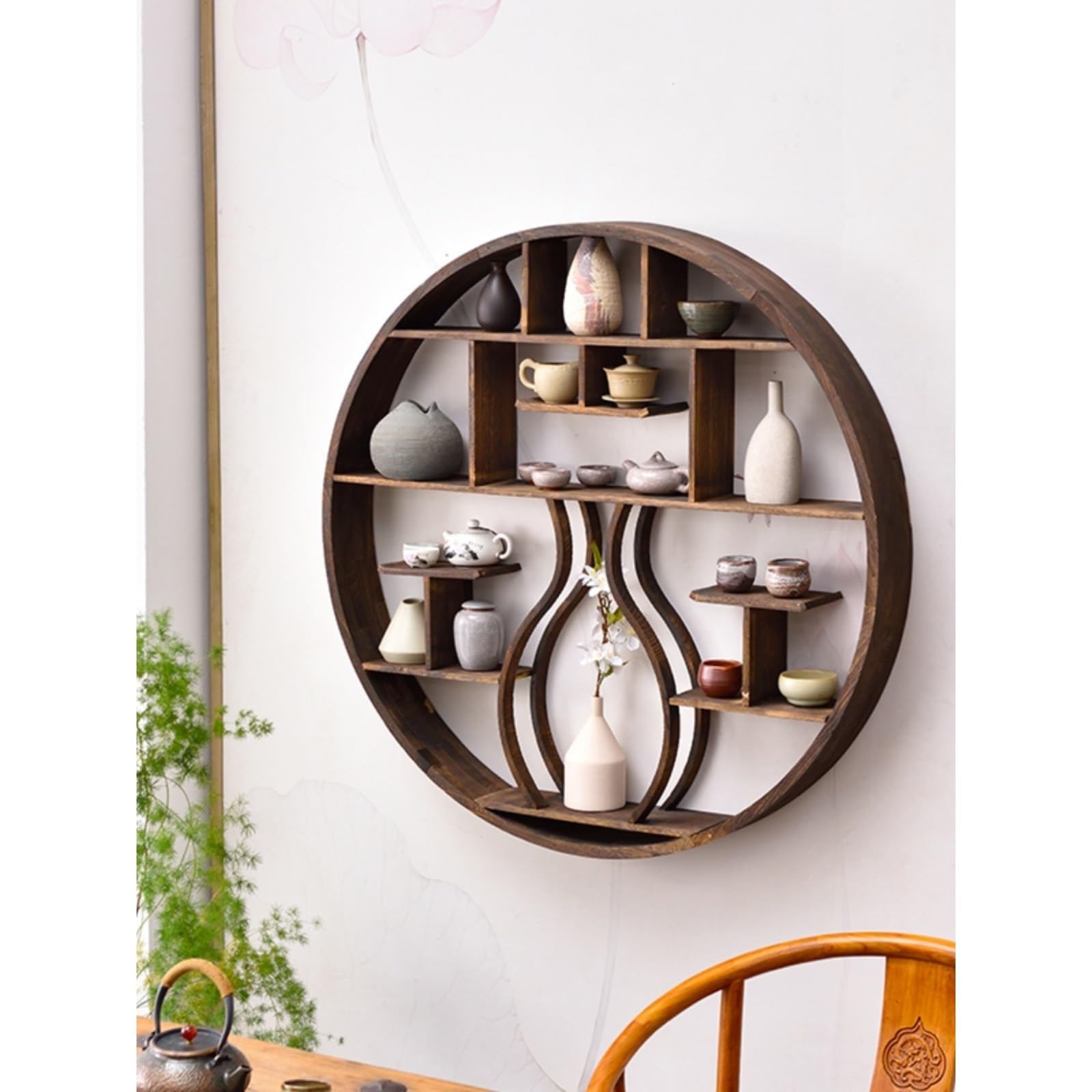 Regal Wand Chinesischer Wandbehang aus massivem Holz, Wandaufbewahrungsregal, Wand-Teetassenregal, dekoratives Aufbewahrungsregal Wandregal(120cm)