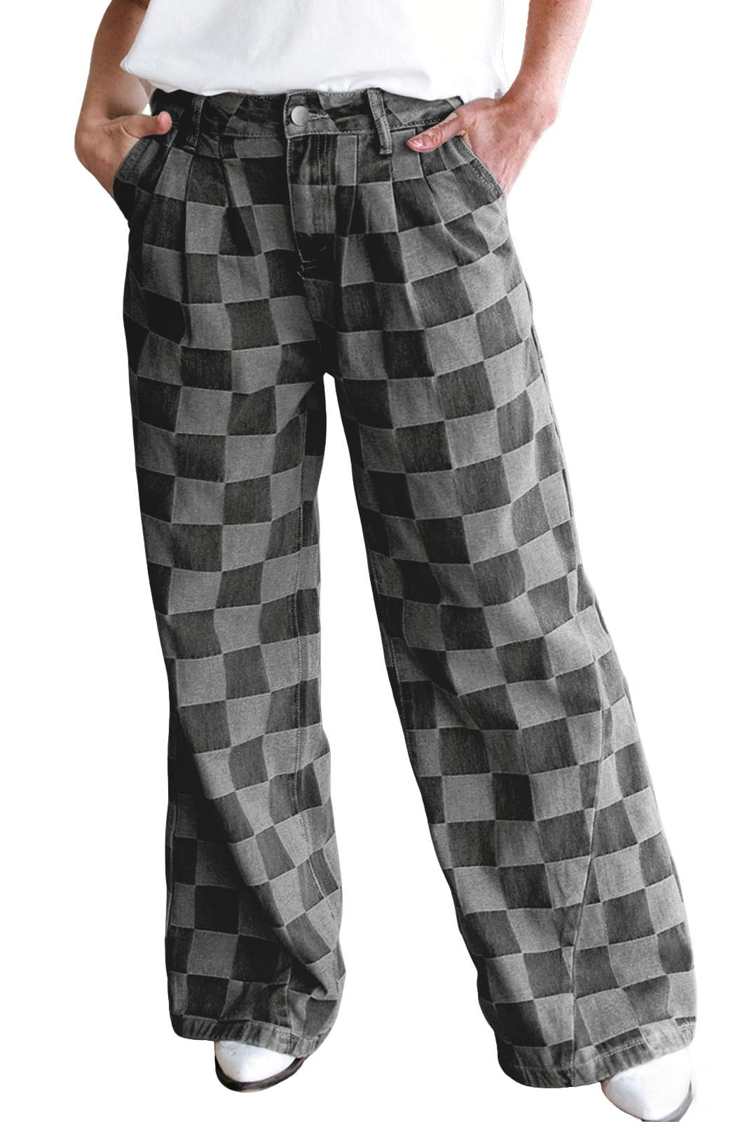 loveimgs Women Baggy Checkered Pants Patterned Denim Wide Leg Jeans Plaid Printed High Waisted Gingham Jeans