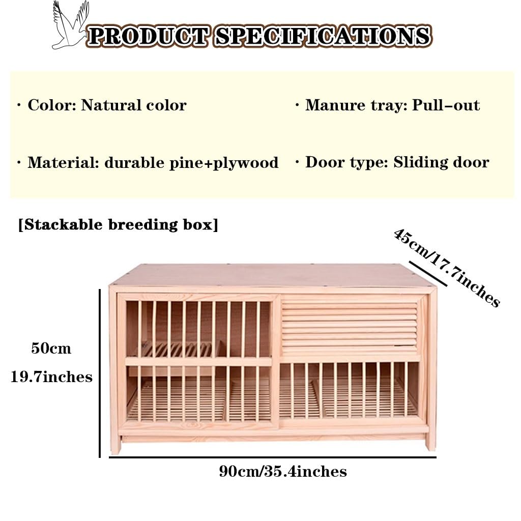 Jaula para Palomas con Bandeja para Huevos, Puerta Corrediza, Pajarera con Media Contraventana, Bandeja Extraíble para Heces, Caja De Cría De Pino para Pájaros.(Natural*1,90cm)