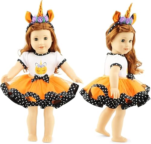 Emily Rose Ropa de muñeca de 18 pulgadas, 3 piezas, falda tutú de unicornio naranja y negro, disfraz de Halloween para muñecas de 18 pulgadas,
