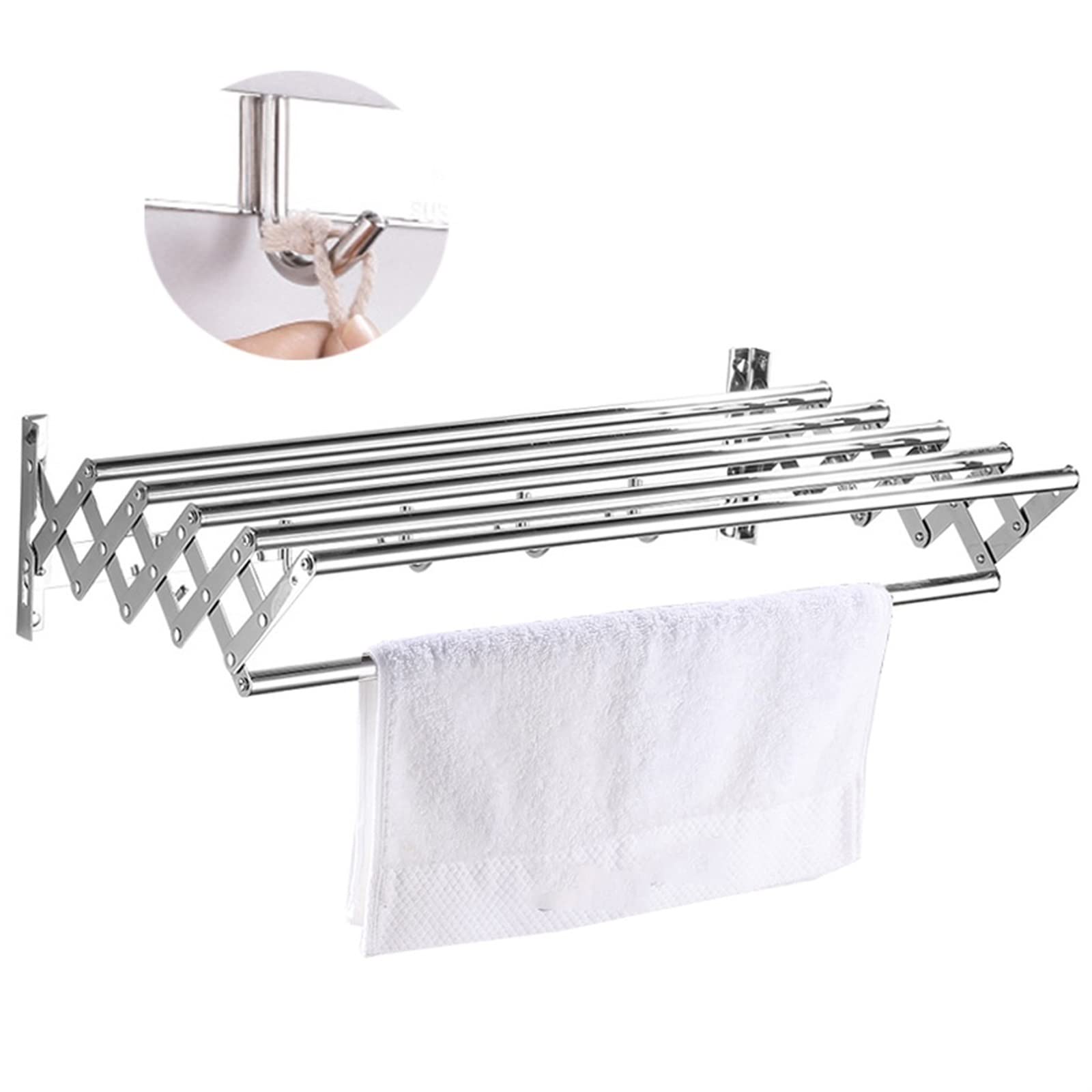 Tendedero De Ropa Retráctil Plegable Tendedero Secador Montado En La Pared Toallero De Baño Ganchos Línea De Paño Lavado Tendedero Extensible Acero Inoxidable (Size : 80cm)