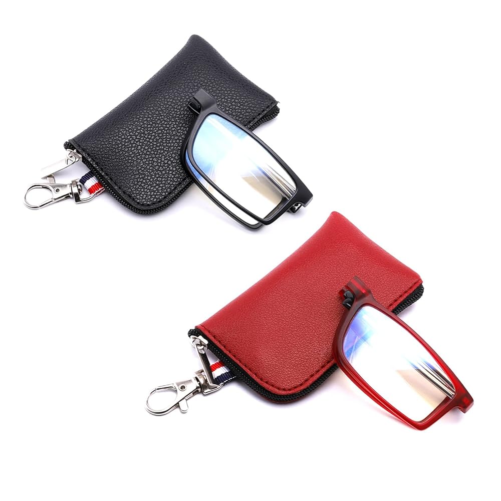 GOOSEN 2-Pack Reading Glasses for Women Men, Keychain Bags Compact Folding Readers, Clear Lens Blue light Glasses Spring Hinge, Black Red 1.0 x
