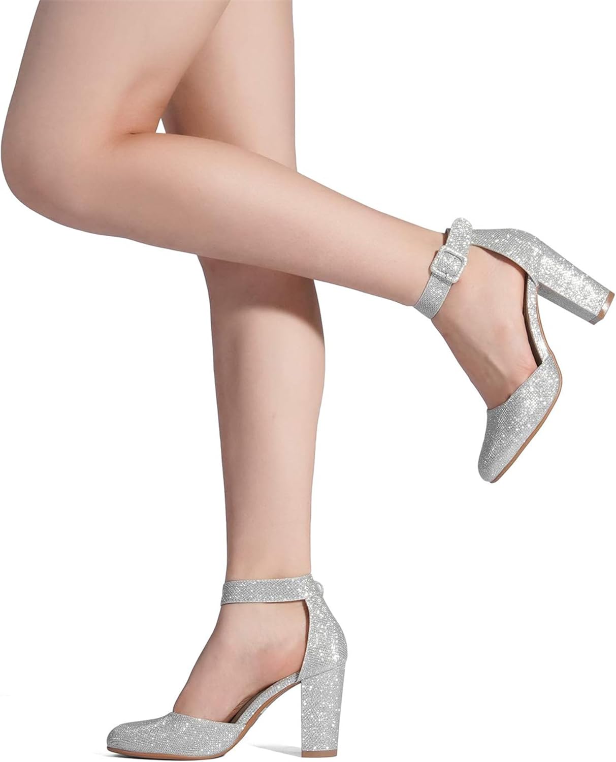 Silver Glitter Faux Leather High Heel Ankle Strap Pumps