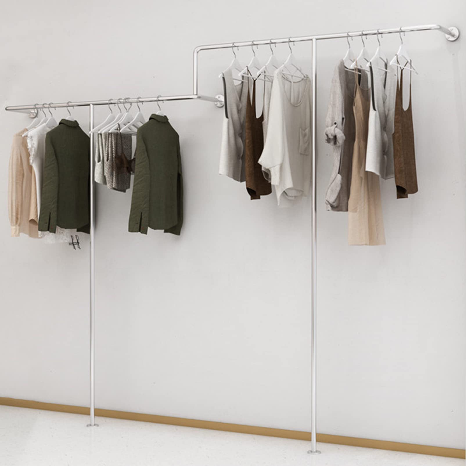 HPTHLY Clothing Store Creative Display Stands Clothes Rail, Entrance Porch Organization Hanging Garment Rack, Wall Mounted Storage Clothes Shoe Bag Pipe Shelf, Boutique Sto(Silvery-Length 250Cm)