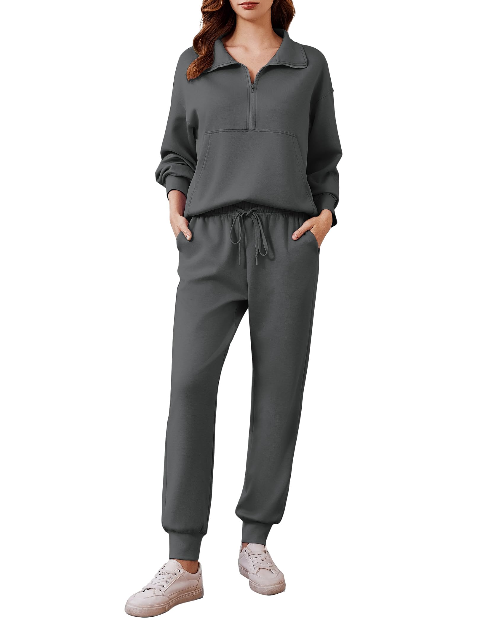 PINSPARK 2 Piece Sets for Women Long Sleeve Half Zip Tracksuit Jogger Sets | 2026 Fall Travel Outfits Lounge Set, Lightweight Soft Air Layer Fabric, Kangaroo Pocket Sweatshirt, Drawstring Joggers Pants
