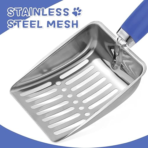 Cat Litter Scoop - Long Handle Scooper, Rustproof Stainless Steel Mesh, Non-Slip Grip, Deep Shovel Sifter for All Litter Types, Easy Clean Kitty Waste Litter for Litter Box(Dark blue)