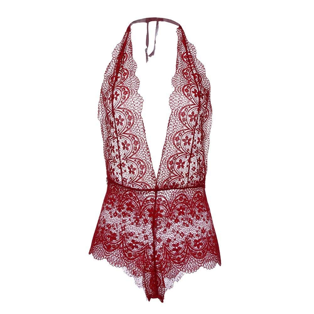 Mujer Sexy Negro con Encaje Sensual Elegante Fina Lenceria para DamaMonos Sexis para Mujer, Mamelucos sin Mangas en V Profundo para Mujer, Tops para Mujer, Ropa de Dormir Sexy, Vino__XXL