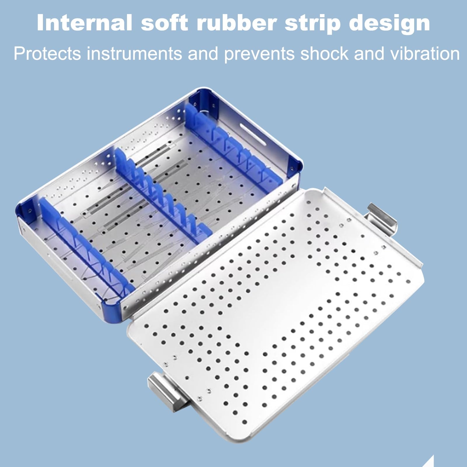 Scatola di sterilizzazione medica, vassoio in alluminio per la pulizia degli strumenti con strisce in gomma morbida, design che assorbe gli urti per chirurgia, ospedali e odontoiatria