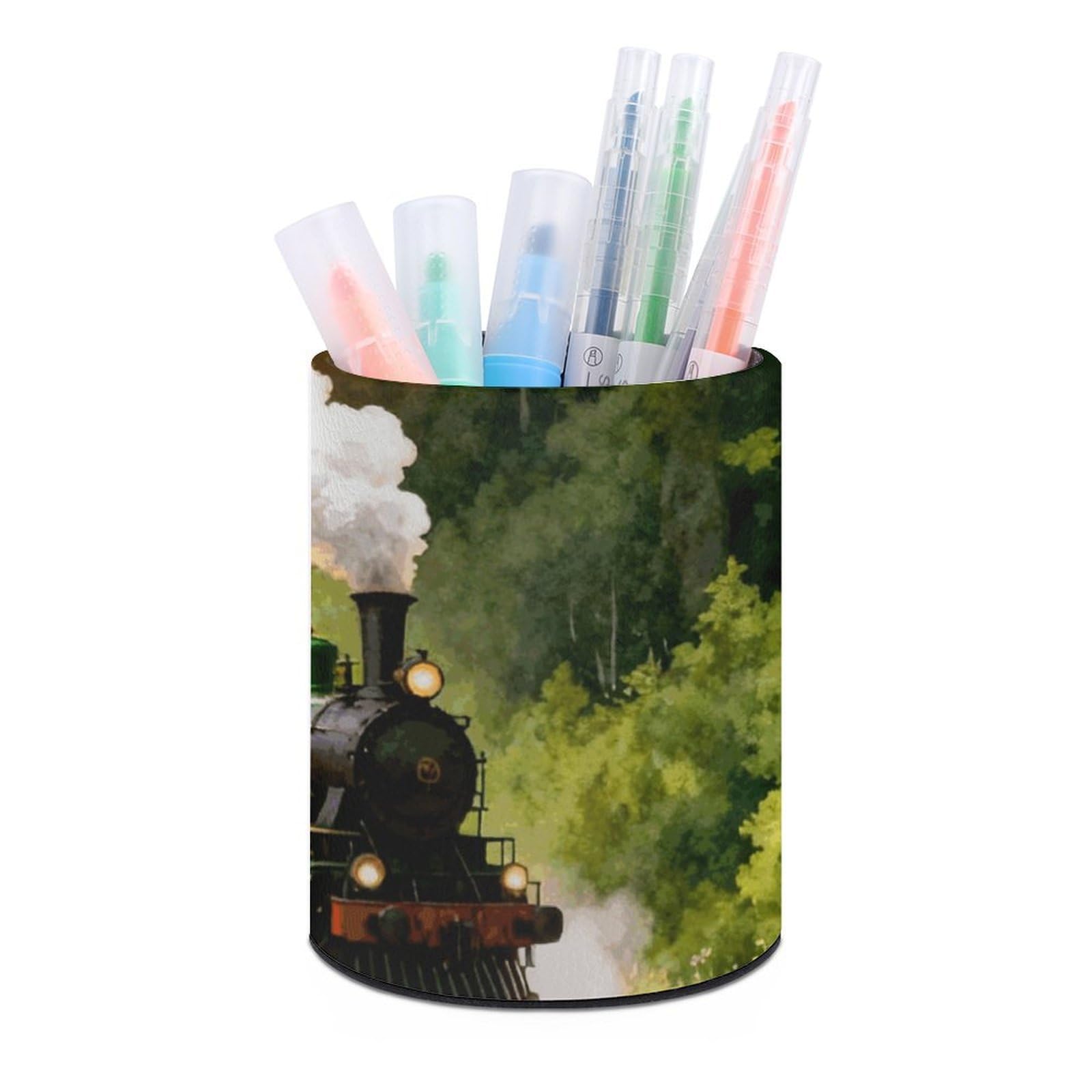 DWVTSLH Aesthetic Pen Holder for Desk - Modern Leather Pencil Holder - Stylish Round Makeup Brush Holder - Forest Steam Car Pen Cup Cute And Functional Desk Organizer for Office Supplies