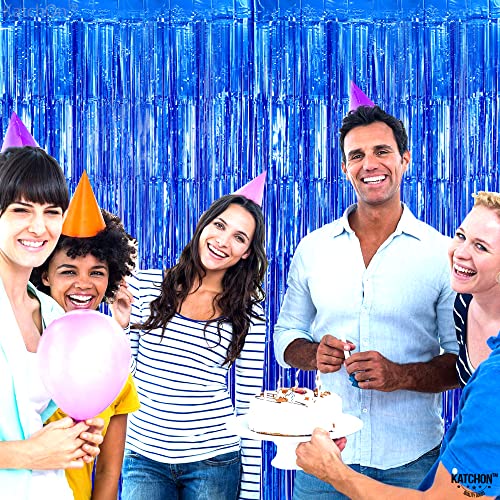 Image of KatchOn, Metallic Blue Backdrop Curtain - Pack of 2 | Blue Streamers for Royal Blue Party Decorations | Foil Fringe Streamers for Under The Sea Party Decorations, Mermaid Bachelorette Decorations