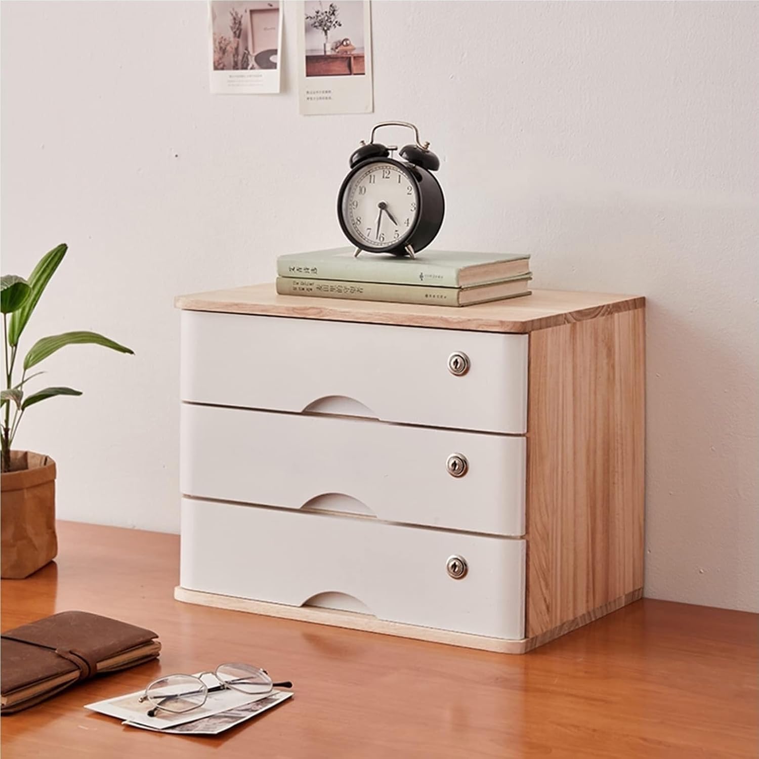 Archivador De Sobremesa Con 3 Cajones - Caja De Almacenaje De Sobremesa De Madera Maciza, Estantería De Sobremesa Con Cerradura, Mini Estantería Para Libros Home Office(A4)