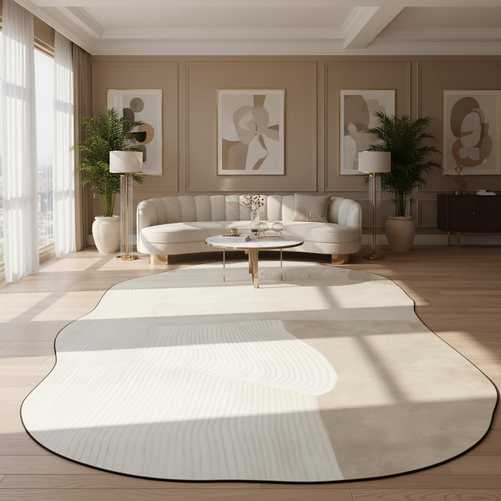 Irregular Shaped Distressed Modern Beige Area Rug for Living Room Bedroom Dining Room 7x10 Kitchen Accent Washable Rug Home Office Hallway Ultra