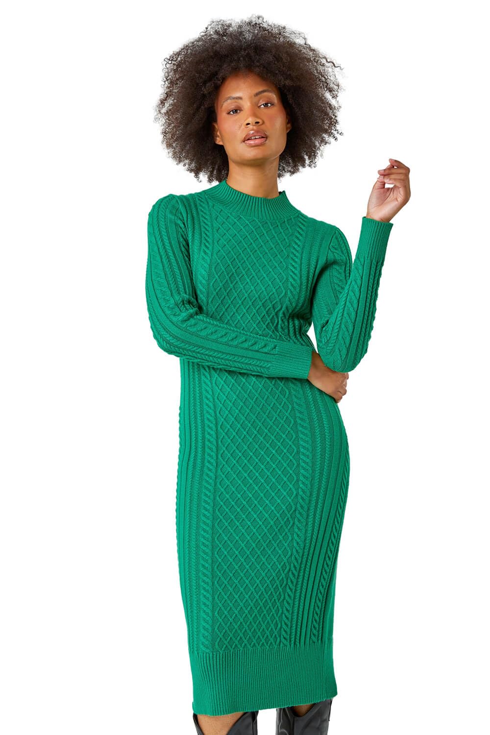 Roman Cable Knit Midi Jumper Dress for Women UK - Ladies Autumn Everyday Winter Holiday High Neckline Comfy Long Sleeve Soft Frock Desk to Dinner Gowns - Green - Size 10