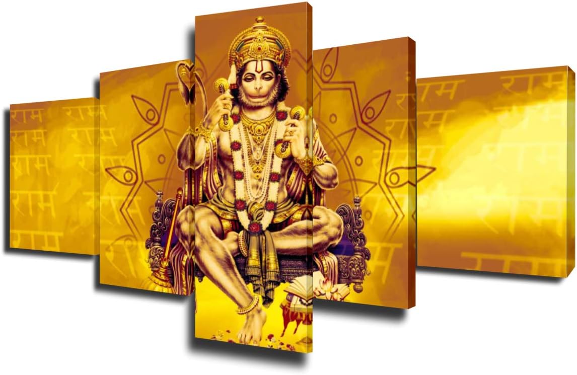 Indian Painting Hindu God Hanuman Idol Pictures on Canvas 5 Piece Wall Art Modern Artwork Home Decorations for Living Room Giclee Wooden Framed Gallery-wrapped Stretched Ready to Hang(50''Wx24''H)