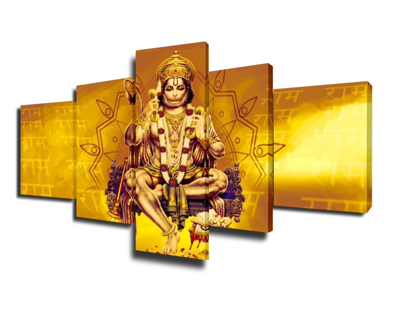 Indian Painting Hindu God Hanuman Idol Pictures on Canvas 5 Piece Wall Art Modern Artwork Home Decorations for Living Room Giclee Wooden Framed Gallery-wrapped Stretched Ready to Hang(50''Wx24''H)