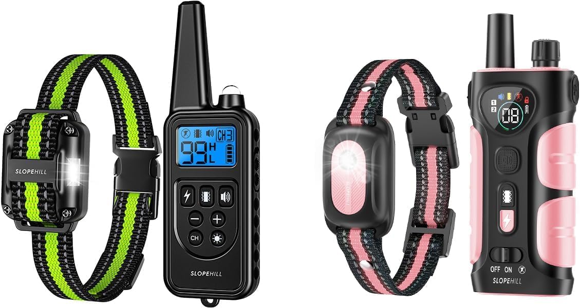 SLOPEHILL 4200 Ft Dog Shock Collar,IPX8 Waterproof Rechargeable Dog Training Collar with Remote,Electric Shock Collar for Dogs,2 Settings of Shock Collars(Green+Pink)