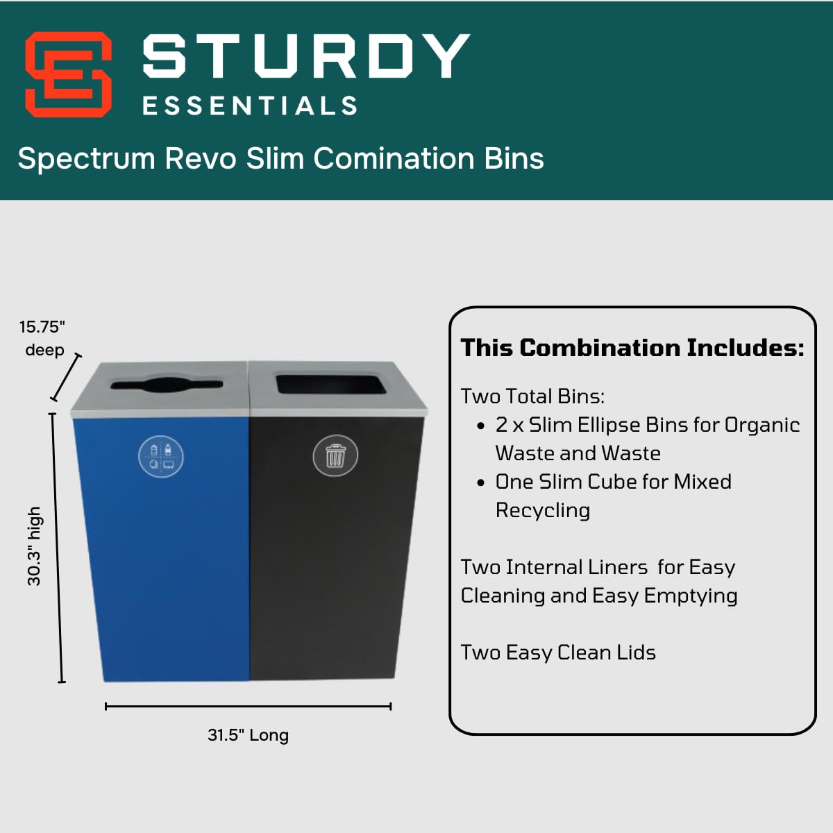 Sturdy Essentials Spectrum Powder Coated Steel Recylcing Bin and Waste Bin Combinations Used for Commercial Spaces, Businesses, Offices, Hotels, Apartments (Blue Mixed Recycling + Black Waste Cube)