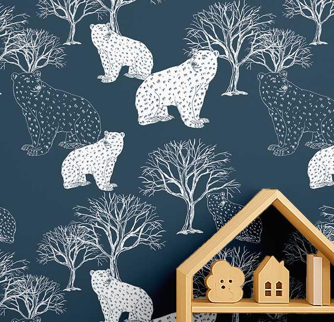 Papier peint ours et arbre bleu texturé pour masquer les imperfections murales